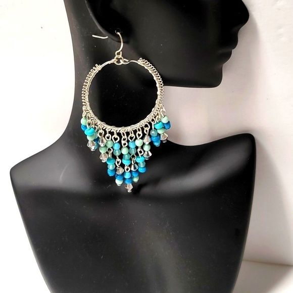 Silvertone And Blue Earrings - Picture 1 of 5